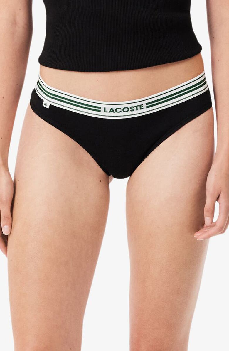 Lacoste High Waist Stretch Cotton Jersey Thong, Main, color, Black