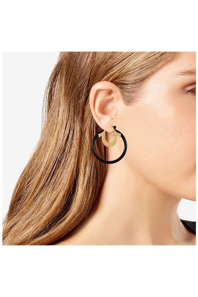 Two-Tone Enamel Horseshoe Hoop Earrings, Alternate, color, GOLDTONE/ JET