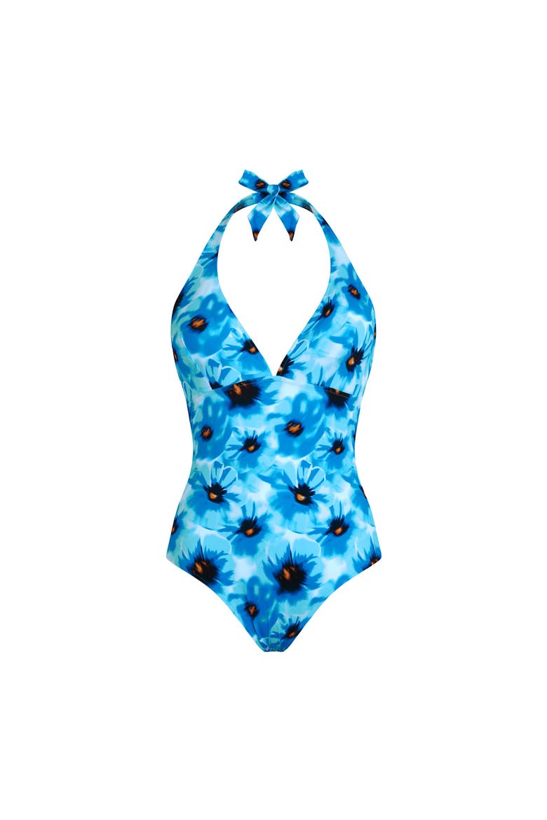 Women Halter One-piece swimsuit Poppies, Main, color, blue topaz