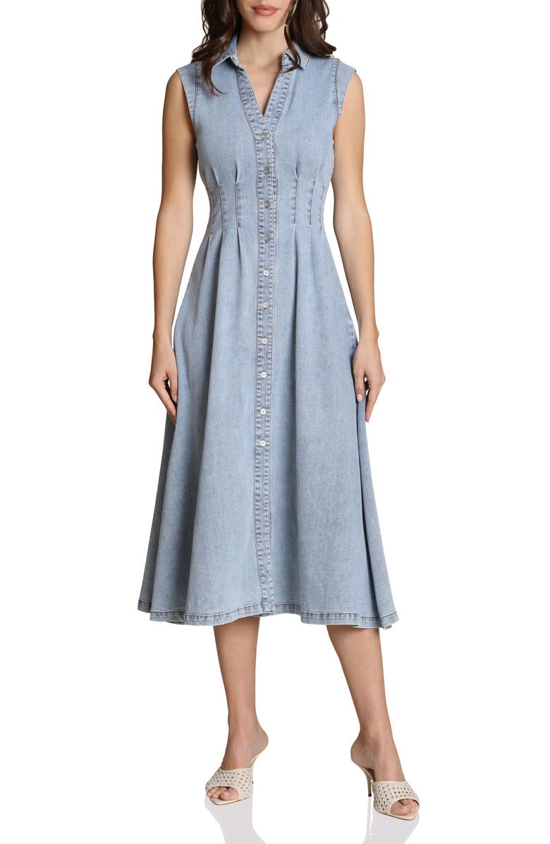 Avec Les Filles Pleated Denim Midi Dress, Main, color, White Blue Wash