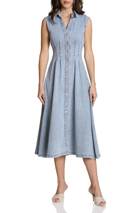 Pleated Denim Midi Dress