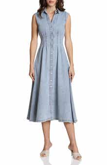 Avec Les Filles Pleated Denim Midi Dress