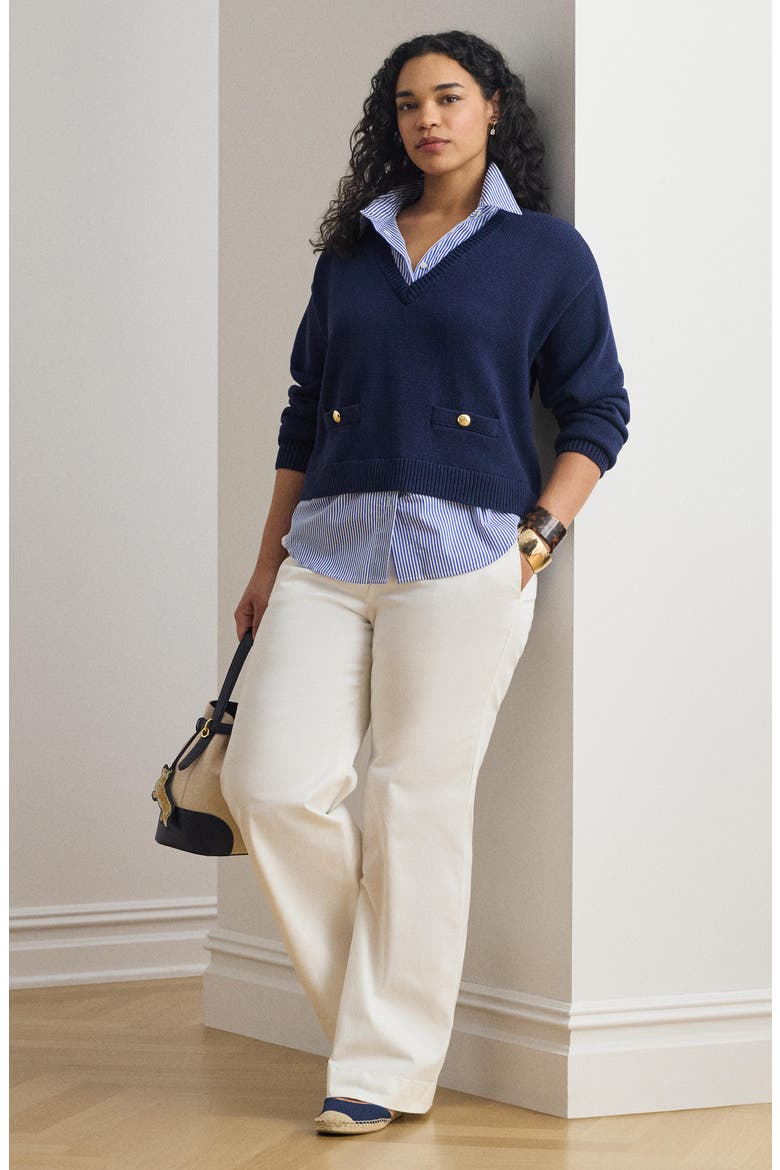Layered-Look Button Trim Cotton Sweater, Alternate, color, REFINED NAVY BLUE/ MULTI