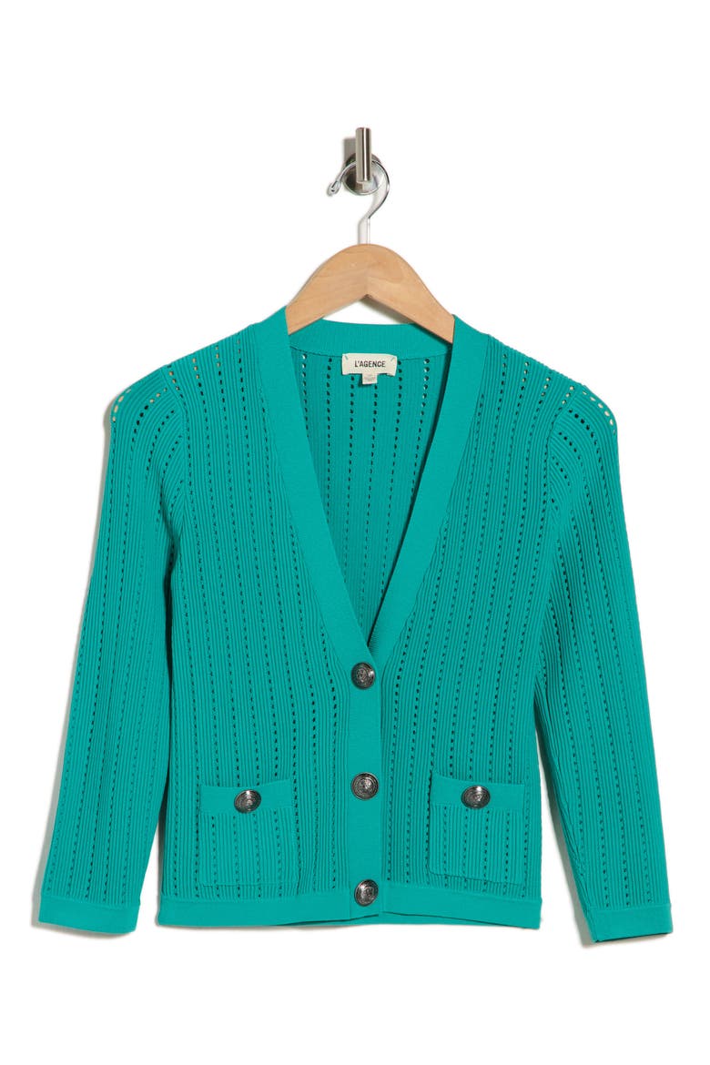 Irvin Pointelle Cardigan, Alternate, color, LAGOON/ ANT NICKEL