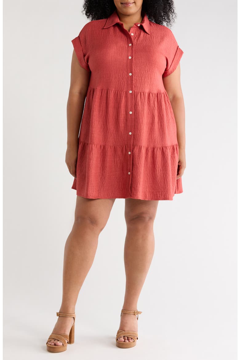 Rolled Short Sleeve Tiered Shirtdress, Main, color, HEATHER WASHED RED
