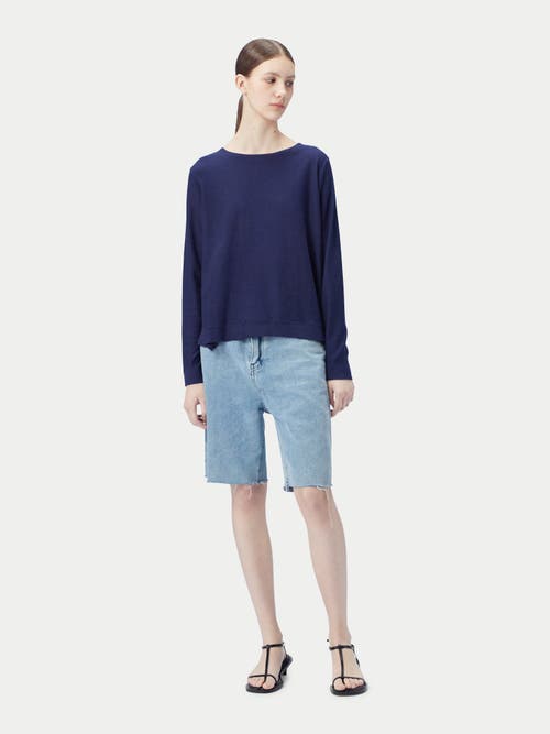 Gobi Mongolian Cashmere Boatneck Cotton Silk Cashmere Blend Sweater In Navy