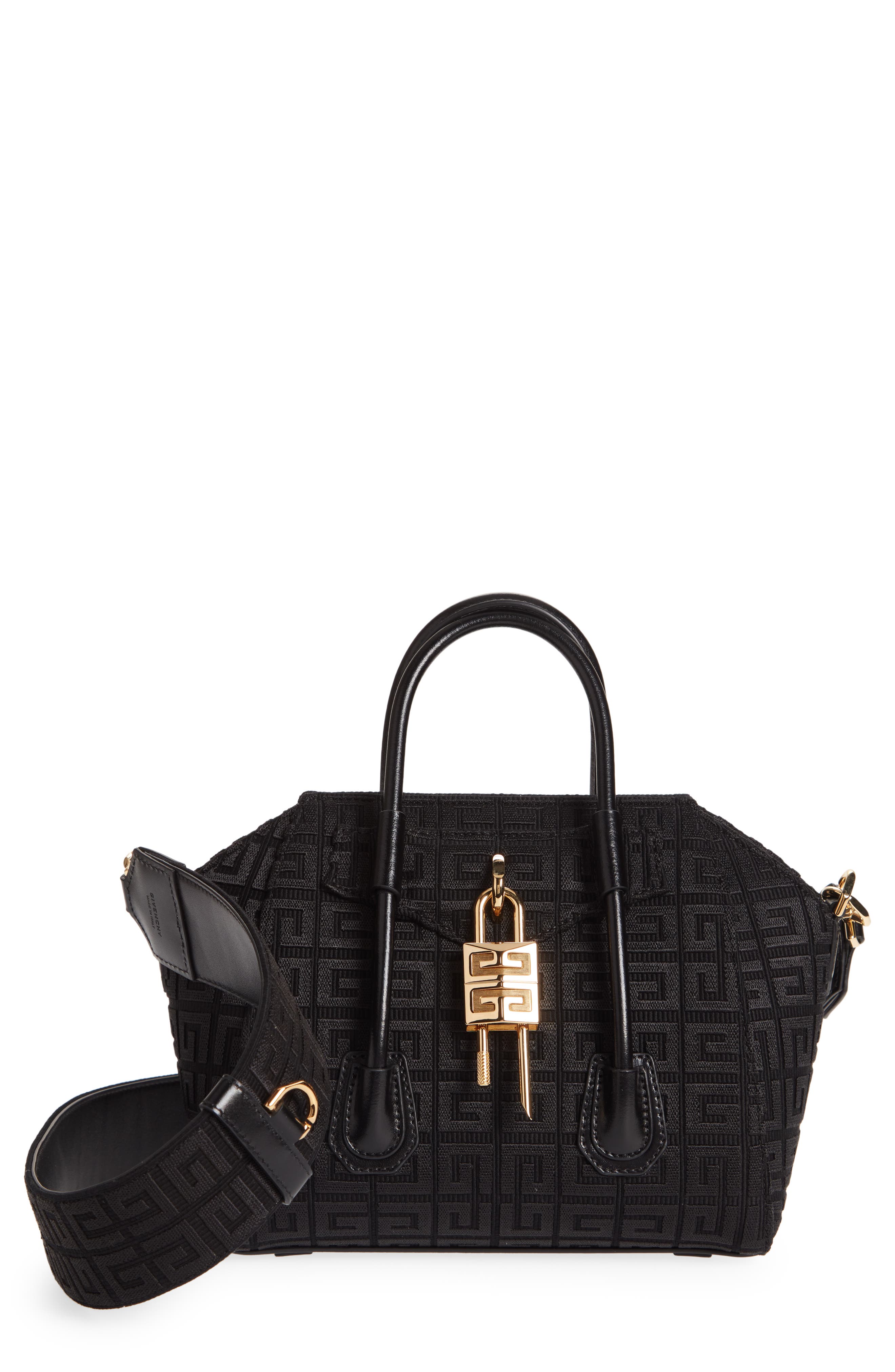 Givenchy Mini Antigona Lock Embroidered Canvas Satchel, Main, color, 