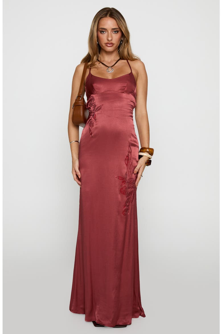 Catch You Up Bead Detail Strappy Back Satin Gown, Alternate, color, RED