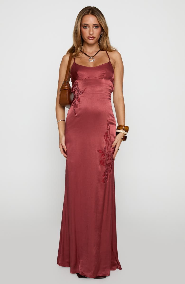 Princess Polly Catch You Up Bead Detail Strappy Back Satin Gown, Alternate, color, Red