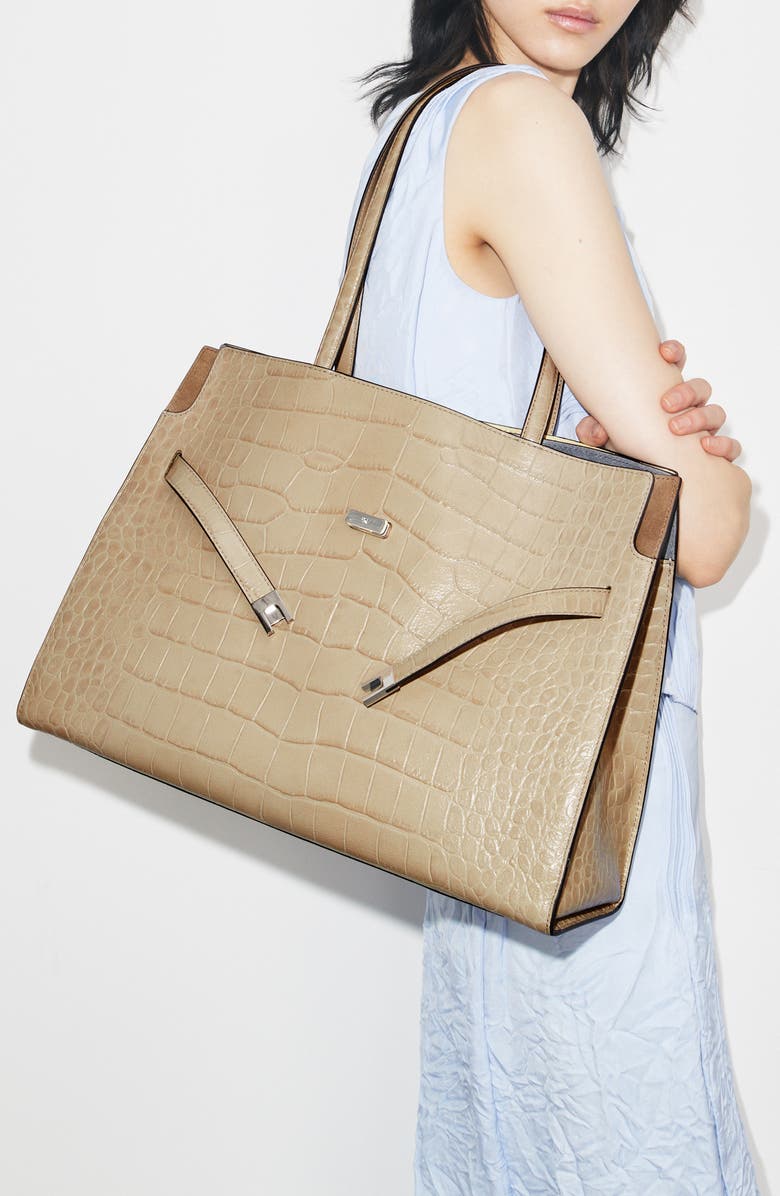 Tory Burch Lee Radziwill Croc Embossed Leather Tote, Alternate, color, Ginger Leaf