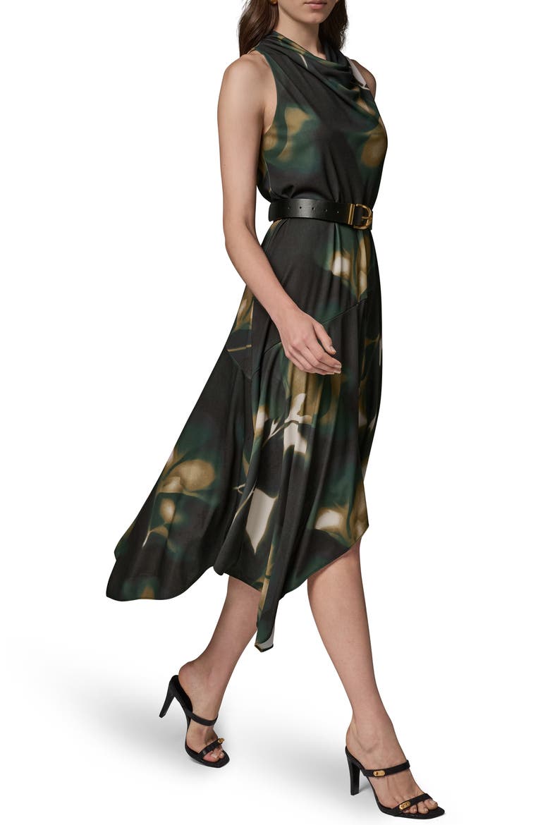 Floral Asymmetric Handkerchief Hem Dress, Alternate, color, OLIVE BRINE