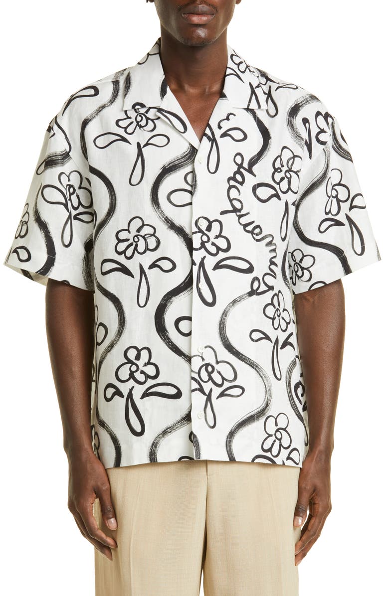 Jacquemus La Chemise Jean Painted Flower Bowling Shirt, Main, color,