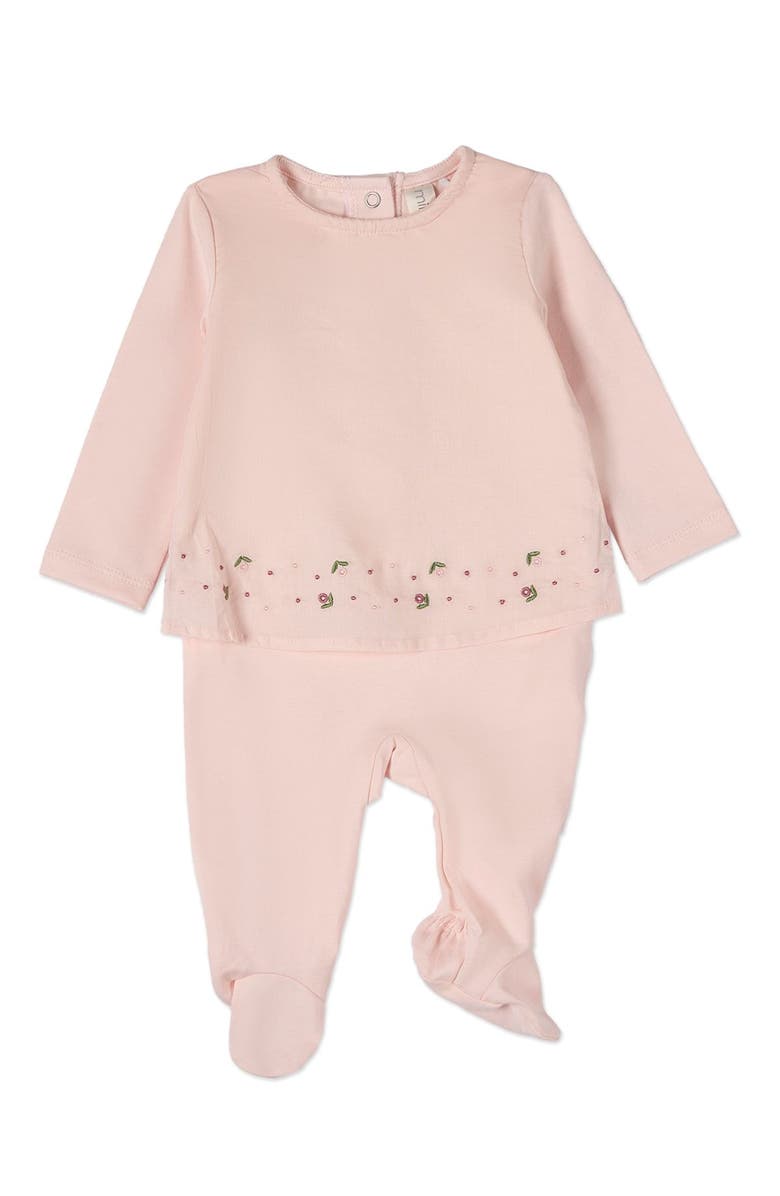 MiniMoi Baby Girls Flouncy Floral Overlay Embroidered Cotton Rich Footie, Main, color, Barely Pink