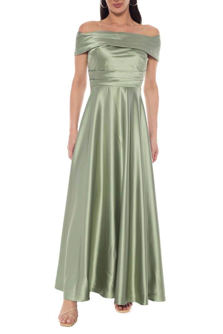 Off the Shoulder Ruched Stretch Twill Satin Gown, Main, color, SAGE