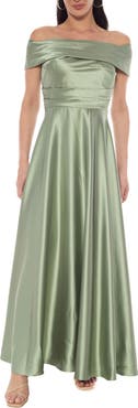 Oleg Cassini Off the Shoulder Ruched Stretch Twill Satin Gown