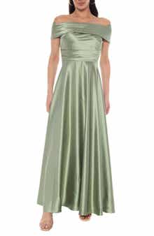 Off the Shoulder Ruched Stretch Twill Satin Gown