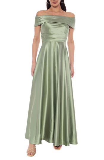 Oleg Cassini Off the Shoulder Ruched Stretch Twill Satin Gown in Sage at Nordstrom Rack, Size Medium
