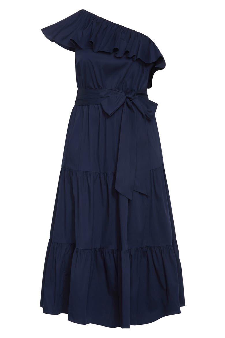 Kiama Ruffle One-Shoulder Tie Belt Tiered Stretch Cotton Dress, Alternate, color, NAVY