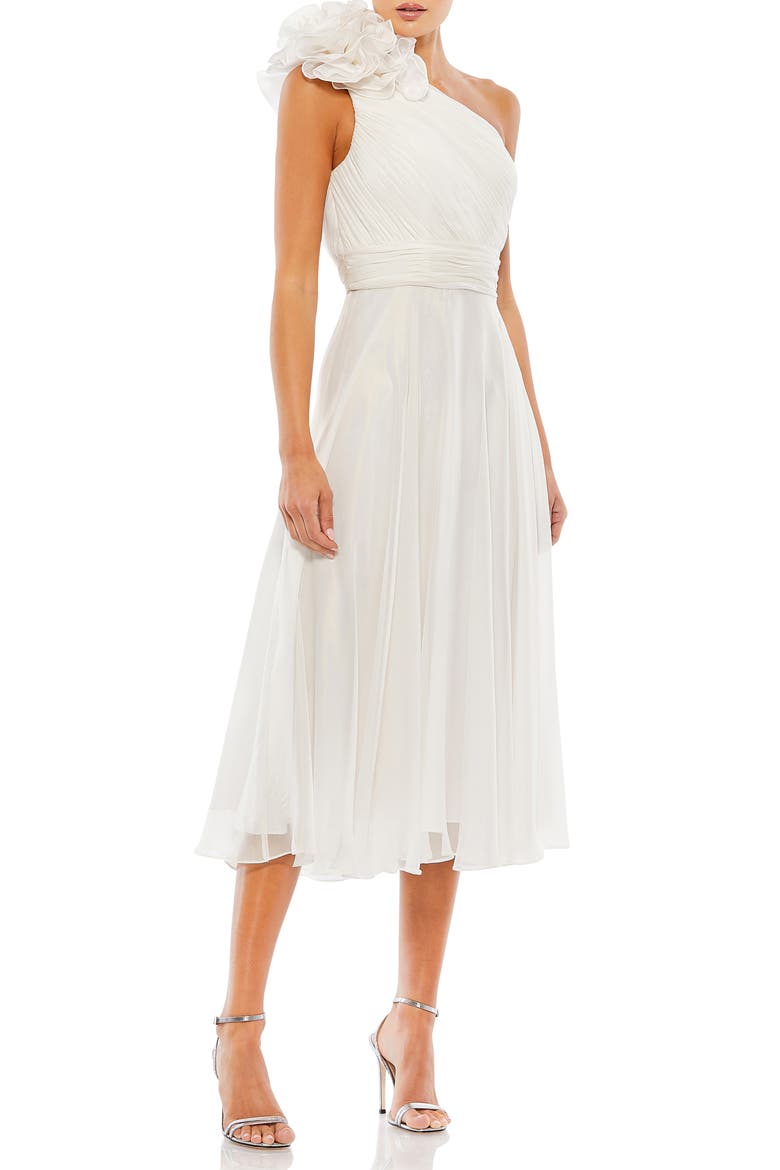 Rosette One Shoulder Tea Length Dress, Main, color, WHITE