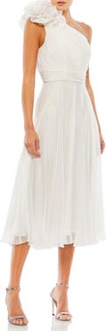 Mac Duggal Rosette One Shoulder Tea Length Dress