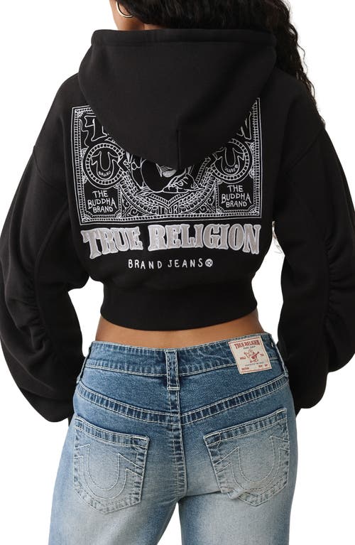 True Religion Ruched Sleeve Logo Zip Hoodie In Black