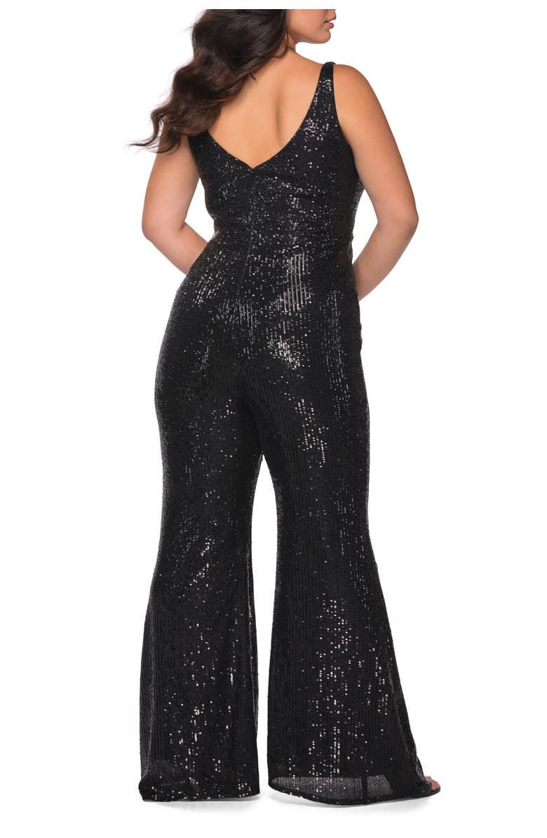 La Femme Sequin Plus SIze Jumpsuit with Plunging Neckline, Alternate, color, Black