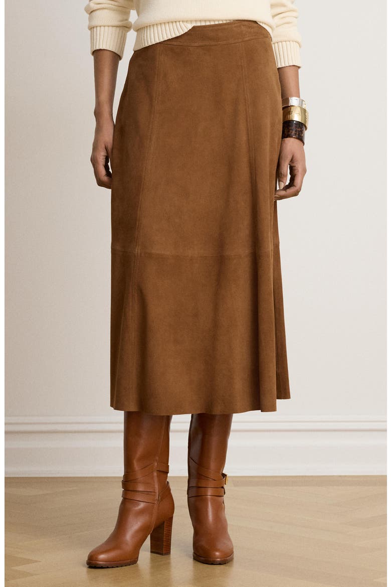 A Line Suede Midi Skirt, Alternate, color, LIGHT TOBACCO BROWN