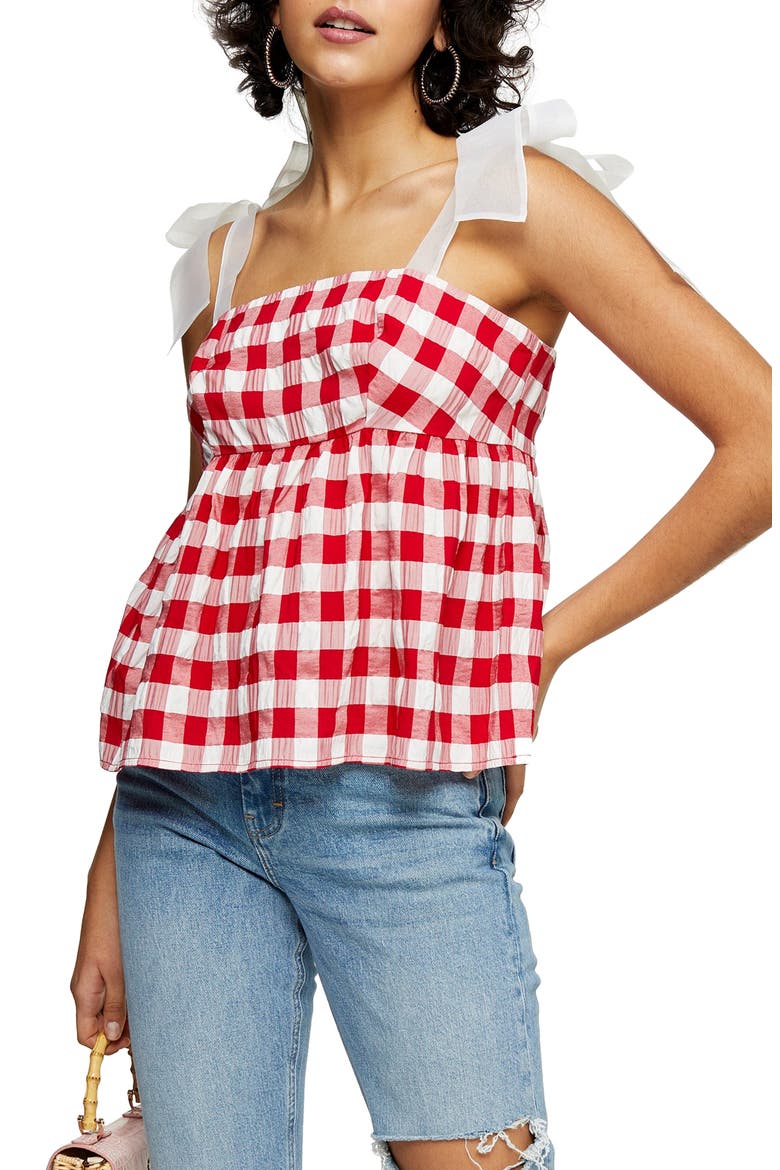 Gingham Tie Shoulder Tank Top, Main, color, RED MULTI