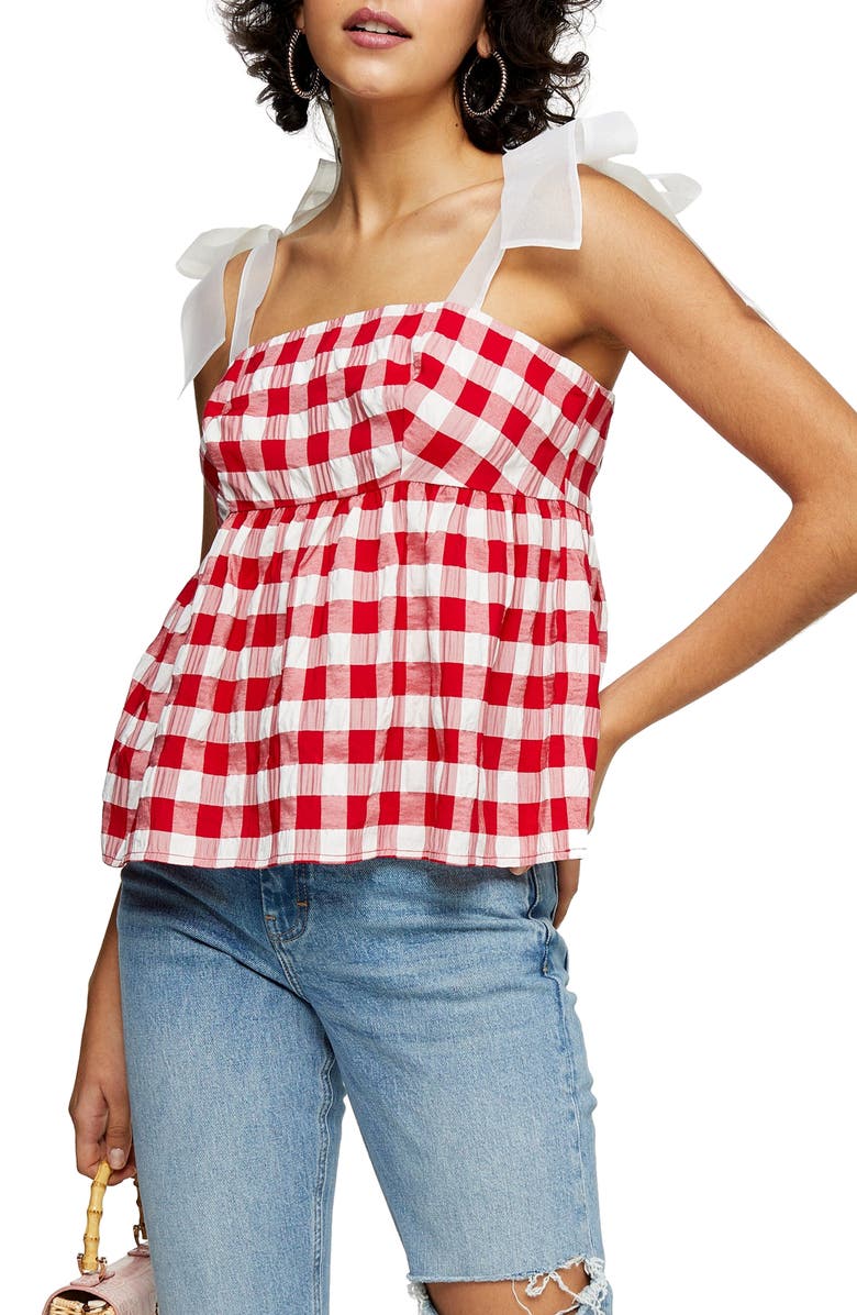 Topshop Gingham Tie Shoulder Tank Top, Main, color, 