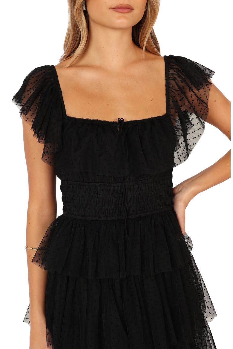 Belle Swiss Dot Tulle Tiered Maxi Dress, Alternate, color, BLACK