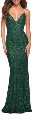 La Femme Luxurious Soft Sequin Dress with V Neckline