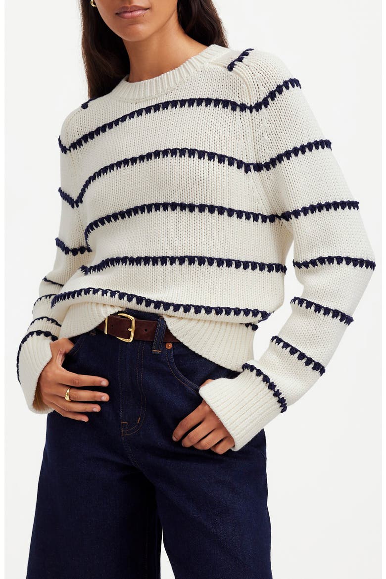 Stripe Textured Cotton Sweater, Main, color, BRIGHT IVORY NAVY STRIPE