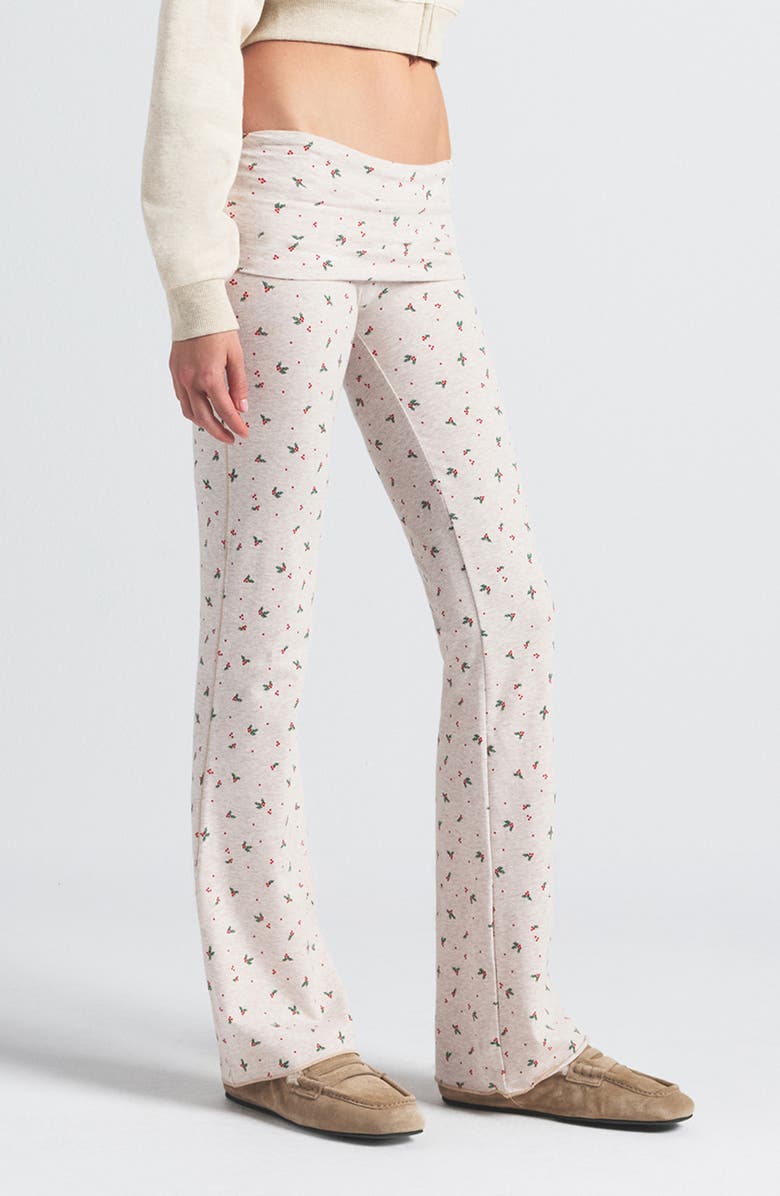 SKIMS Stretch Cotton Jersey Foldover Pants, Alternate, color, Oatmeal Holly Print