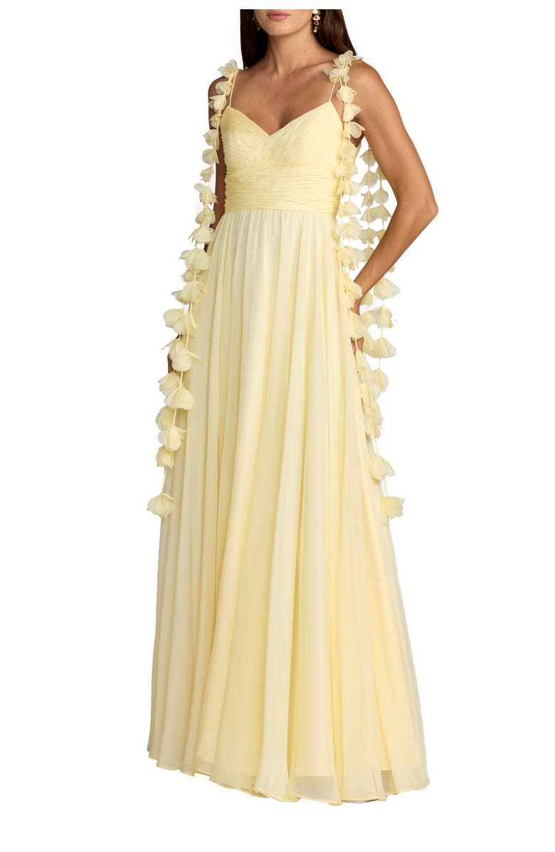 Mac Duggal Floral Spaghetti Strap A Line Chiffon Gown, Main, color, Butter