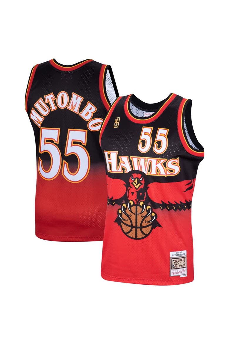 Men's Mitchell & Ness Dikembe Mutombo Scarlet Atlanta Hawks Hardwood Classics Swingman Jersey, Main, color, Scarlet