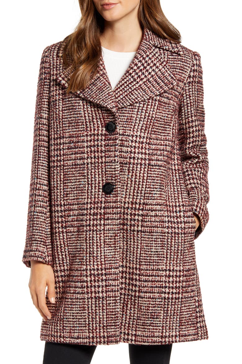 Grid Plaid Pleat Back Wool Blend Coat, Alternate, color, BURGUNDY GRID