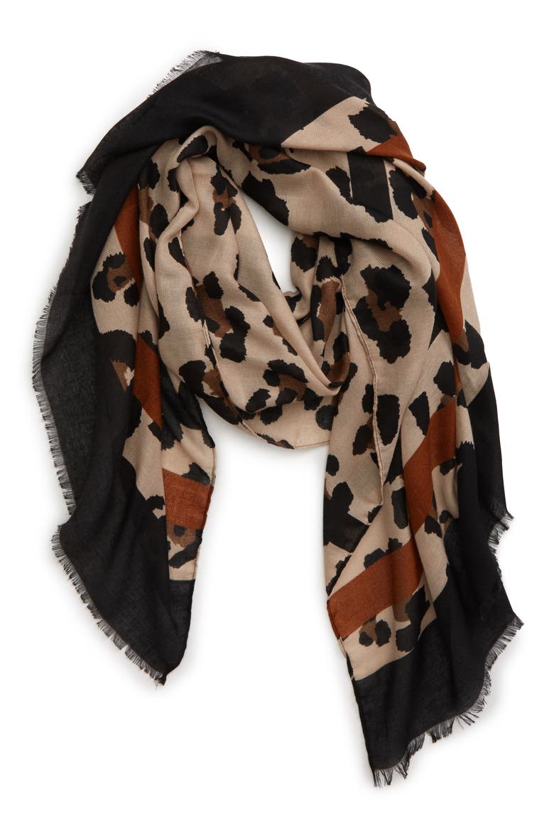 Leopard Print Scarf, Main, color, BROWN COMBO