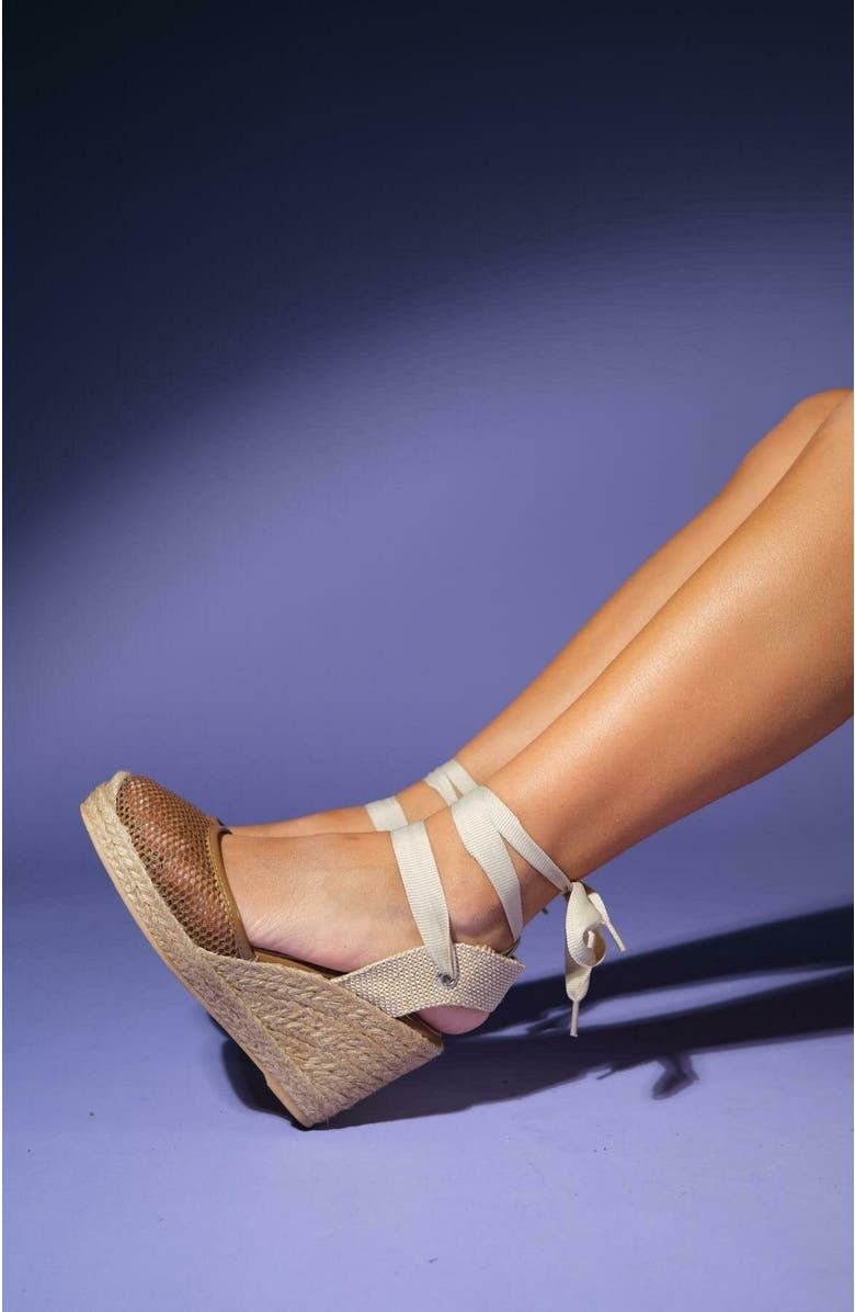 Forever & Always Shoes Lions Mesh Leather Wedge Espadrilles Sandal, Alternate, color, Cognac Brown Leather