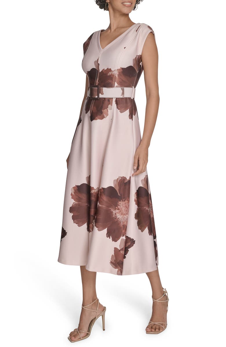 Calvin Klein Floral V-Neck Belted Midi A-Line Dress, Alternate, color, Coffee Bean Multi