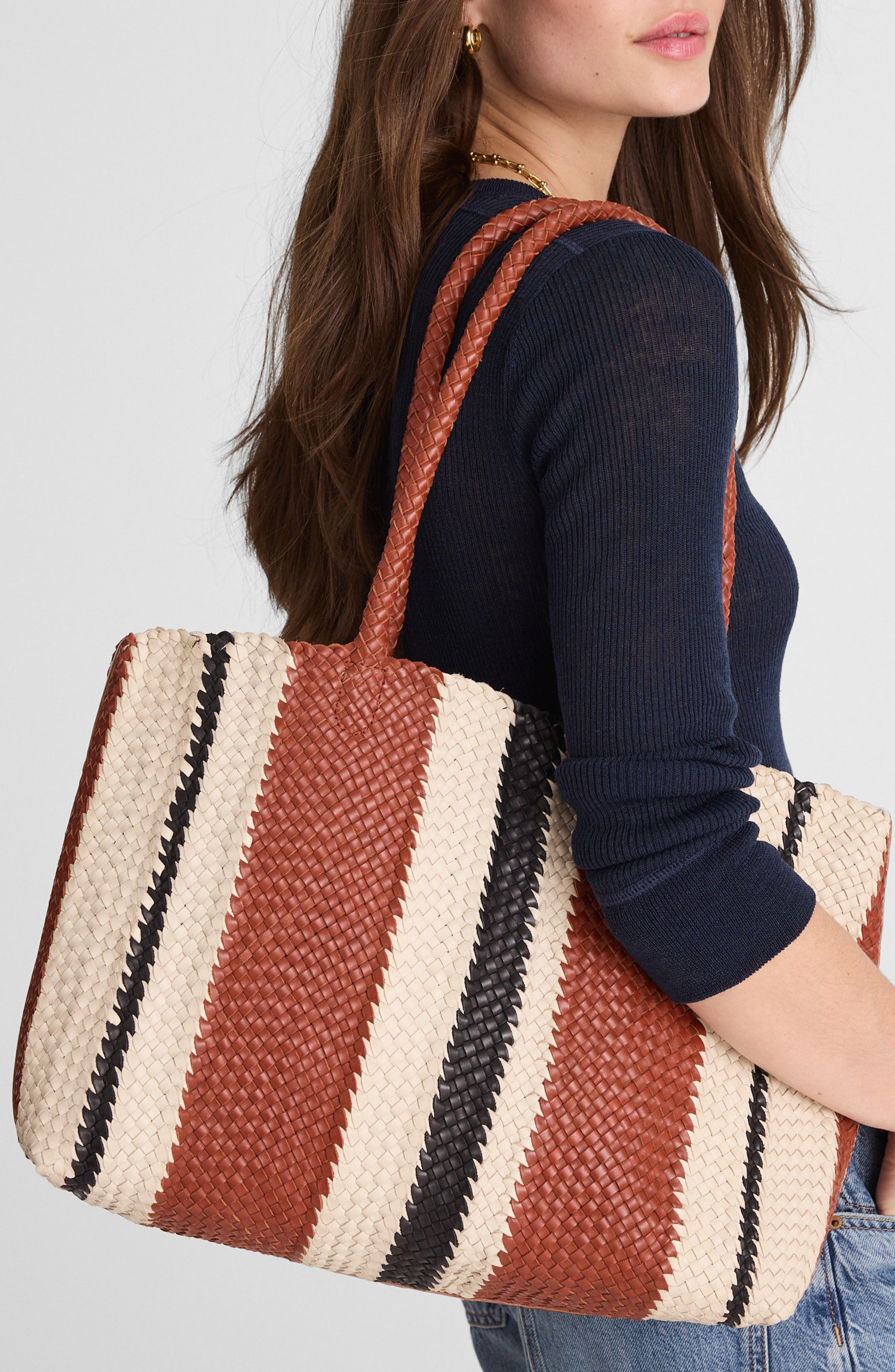 Madewell Leather Stripe Woven Tote, Alternate, color, Dusty Redwood Multi