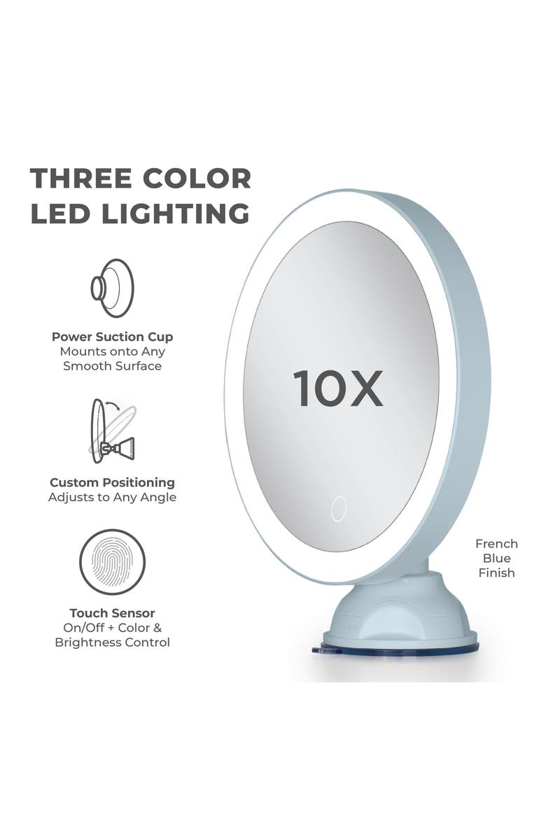 Lighted Wall Mounted Suction Cup Makeup Mirror with 10X Magnification, Alternate, color, French Blue