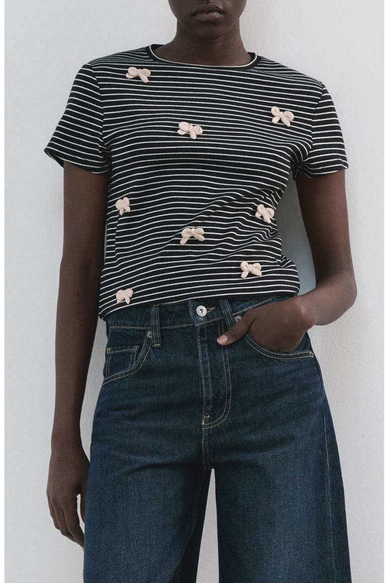 Stripe Bow Embellished T-Shirt, Main, color, NAVY