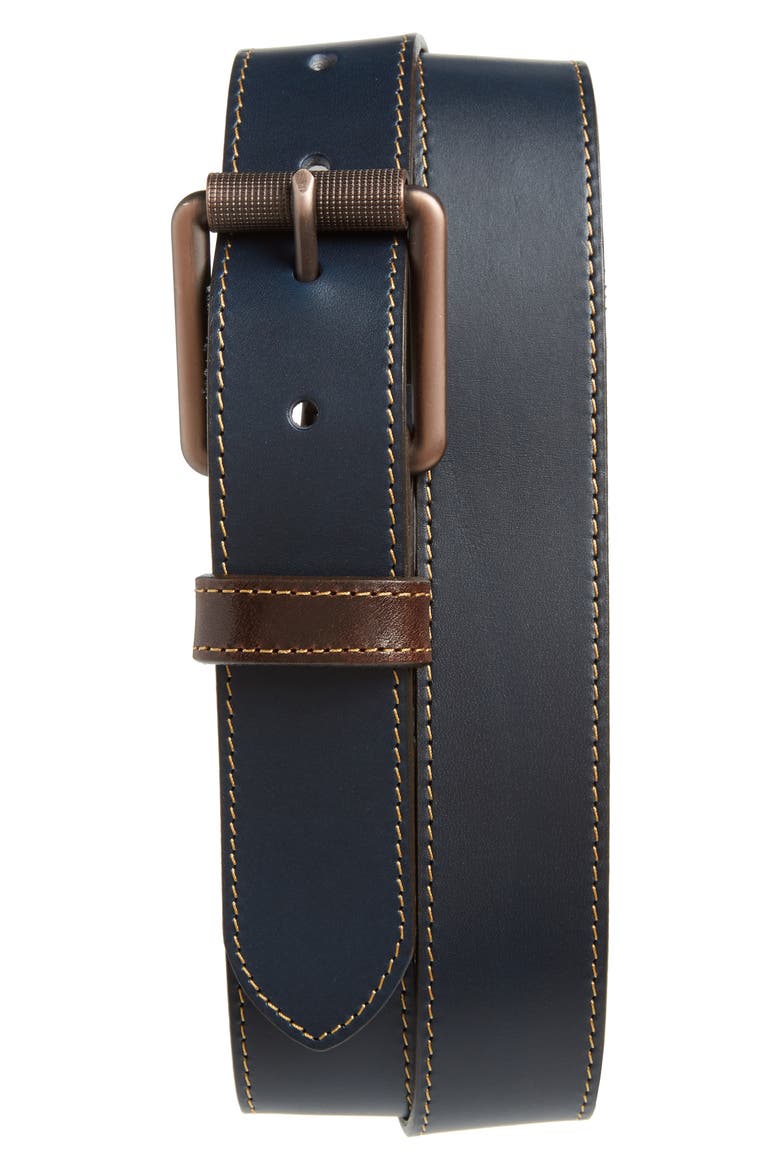 Contrast Stitch Calfskin Belt, Main, color, NAVY
