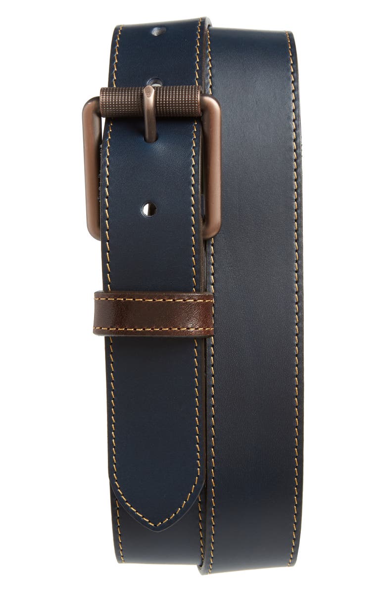 Johnston & Murphy Contrast Stitch Calfskin Belt, Main, color, Navy