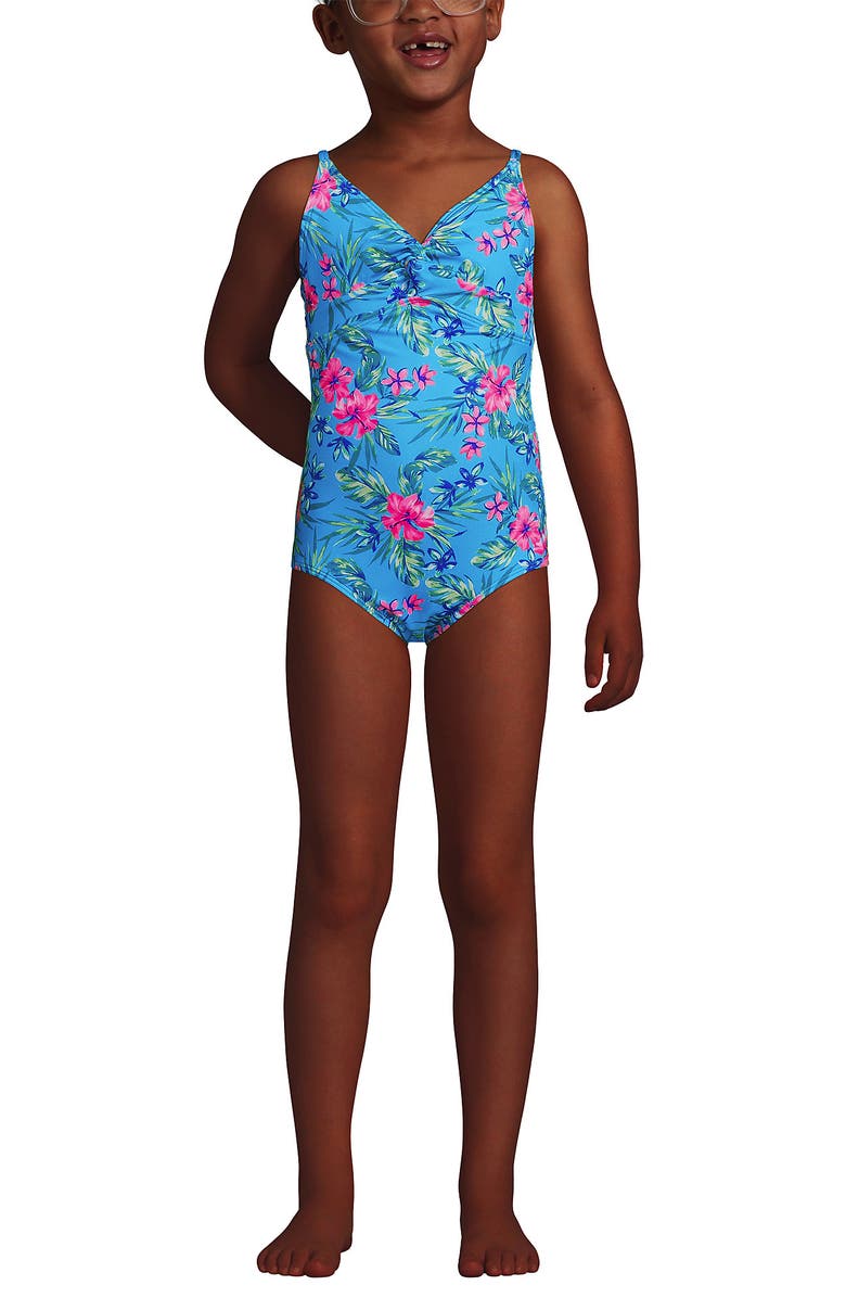 Lands' End Girls Chlorine Resistant Twist Front One Piece Swimsuit UPF Dress Coverup Set, Main, color, 