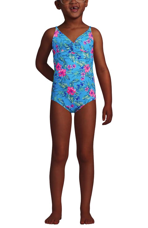 Girls Chlorine Resistant Twist Front One Piece Swimsuit UPF Dress Coverup Set