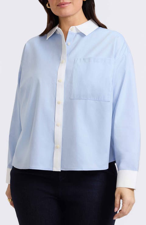 Marina Contrast Trim Cotton Button-Up Shirt (Plus)