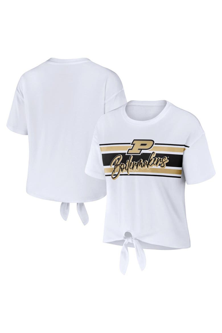 Women's WEAR by Erin Andrews White Purdue Boilermakers Striped Front Knot Cropped T-Shirt, Main, color, White