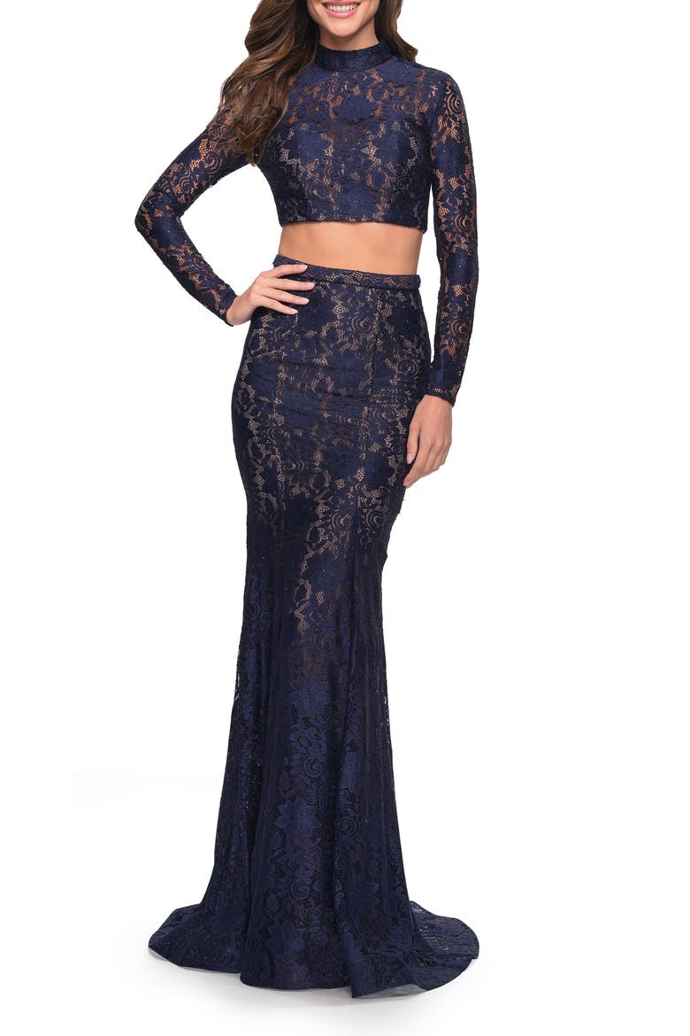 Long Sleeve Two Piece Lace Dress with Open Back, Main, color, NAVY