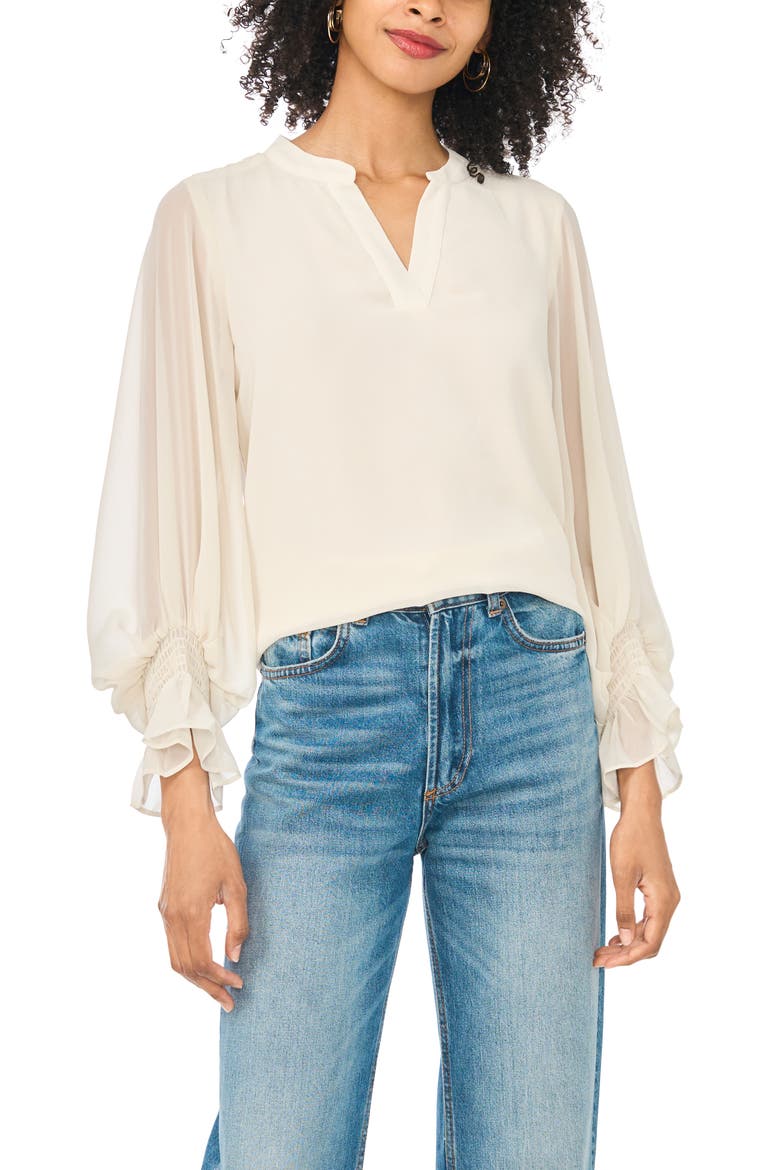 Ruffle Cuff Split Neck Top, Main, color, BIRCH